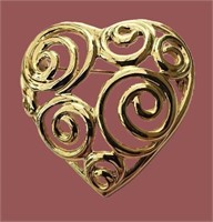 ELEGANT VINTAGE GOLD OPEN WORK HEART BROOCH