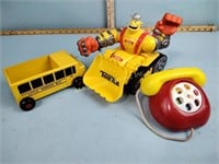 Toys including wooden school bus and Tonka
