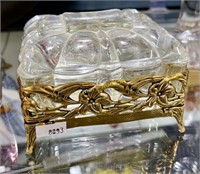 PRESSED GLASS TRINKET BOX W/ ORNATE GOLD STAND