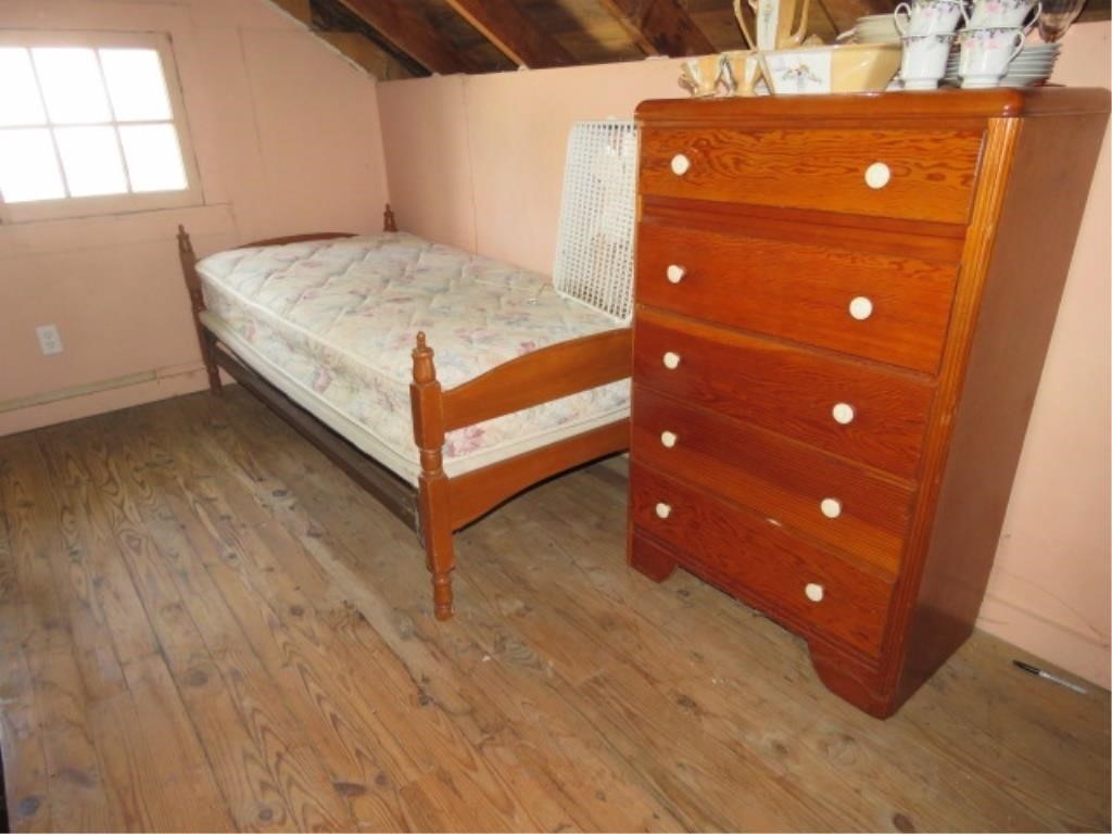 TWIN BED, DRESSER (CONTENTS ON TOP IN