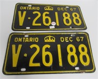 Pair of matching 1967 Ontario license plates.