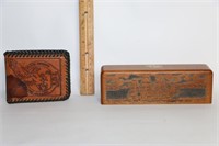 Tooled Leather Wallet & Carved Wood Block