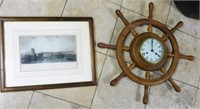 Ship's Wheel Clock and Ocean Print.