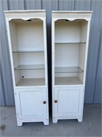 Pair of Distressed Painted Shelves with Cabinets