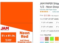 JAM PAPER SHIPPING LABELS 5 1/2 X 8 1/2 NEON RED