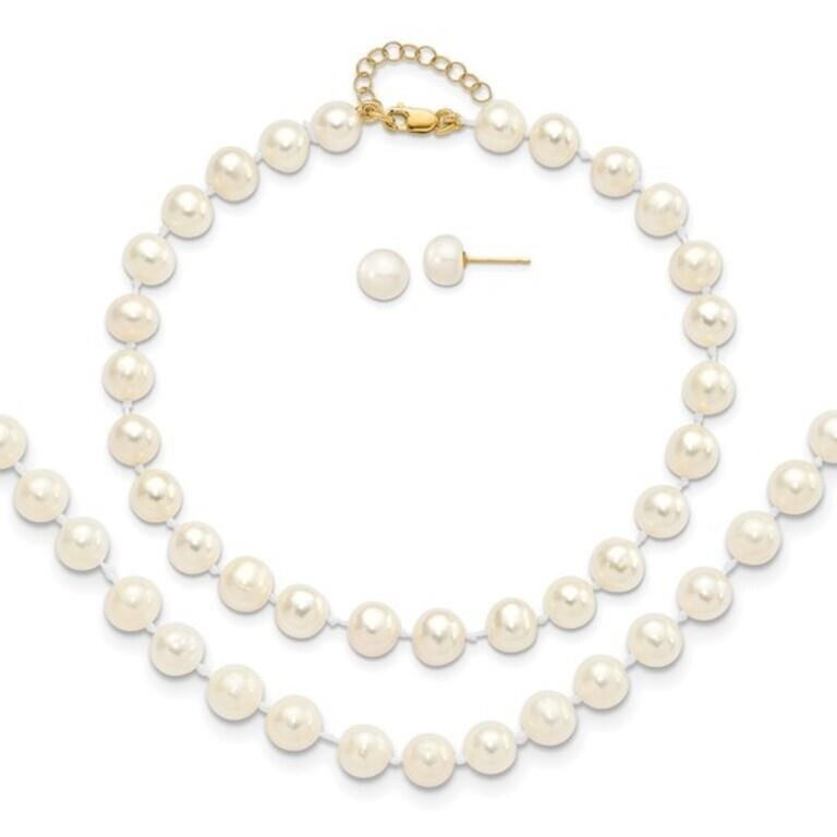 14k- Cultured Pearl Earring Necklace Bracelet Set