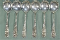 6 Stieff Rose pattern 6-3/4" cream soup spoons, mo