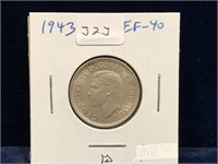 1943 Canadian Silver 25 Cent Piece  EF40