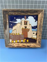 LRG PAINTED FRAMED TILE OF CHURCH ITALY VINTAGE
