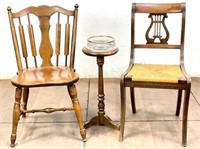 (3) Vintage Maple Rush Chairs W/ Glass Bowl Stand