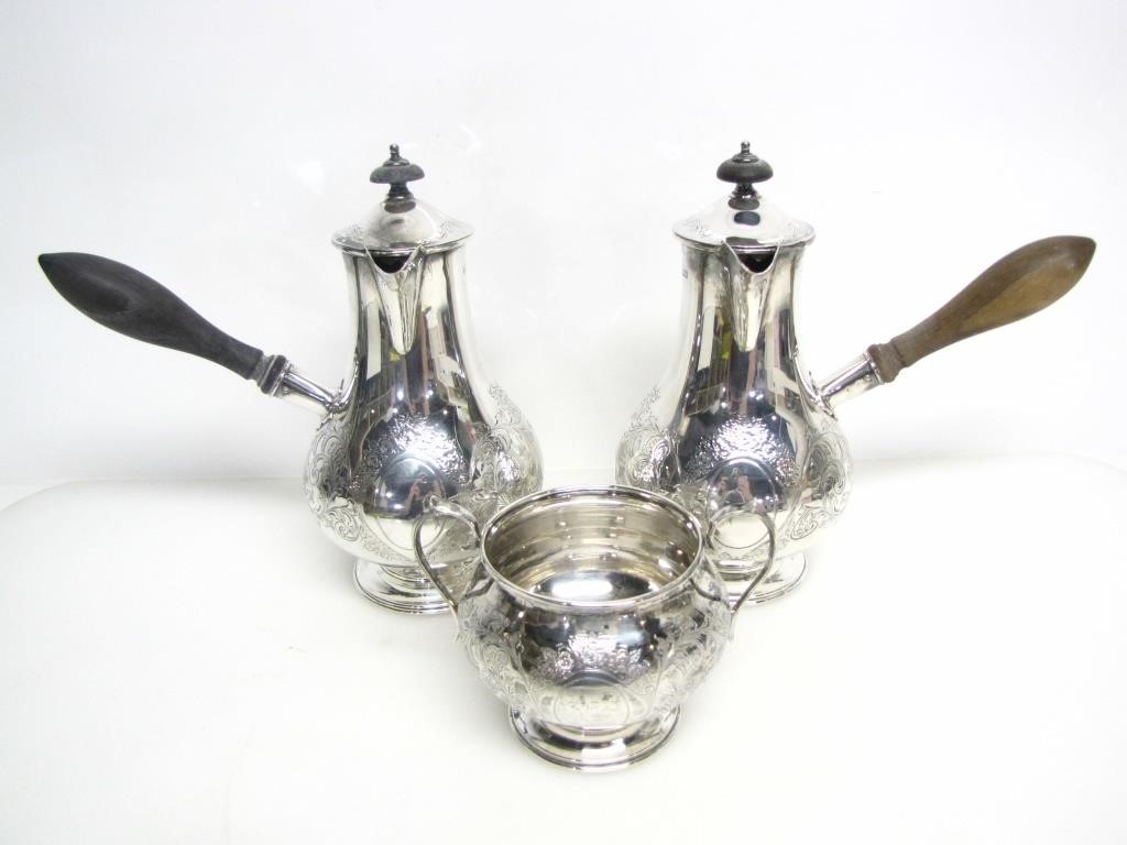 2 STERLING SIDE-HANDLE COFFEE POTS & SUGAR BOWL