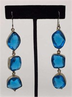 Designer Silver 3 Blue Stone Dangle Earrings