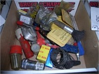 BOX OF WIRE, MAGNETS, TIP CLEANER, BATTERY POST