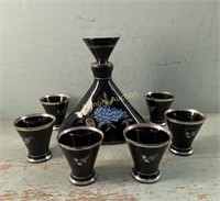 ANTIQUE CZK BLACK GLASS DECANTER & CORDIALS