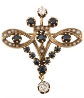 Marked 14K Diamond, Sapphire & Pearl Brooch