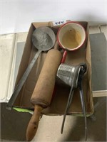 2 vintage water dippers, rolling pin, ricer