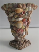 8-1/2" GLASS VASE W/SHELL MOSAIC. VERY NICE.