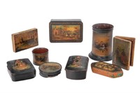 GROUP OF RUSSIAN BLACK LACQUER BOXES & CATCH ALLS