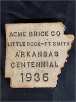 1936 ACME ARKANSAS CENTENNIAL TRIVET  4" X 4 1/2"