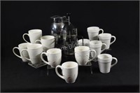French Press, Carafe and Assortment of Coffee Mugs