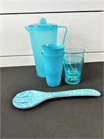 Lot Of 7 Turquoise Plastic Outdoor Serving Items