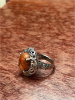 Sterling Silver .925 Orange Amber Ring Size 9