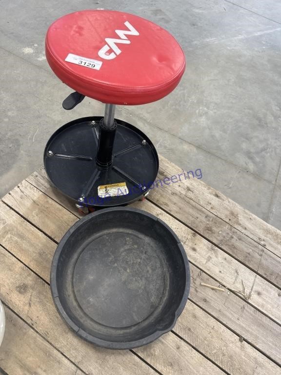 shop stool on wheels & oil pan