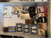 BOX OF CUFF LINKS, PINS, MONEY CLIPS & MORE