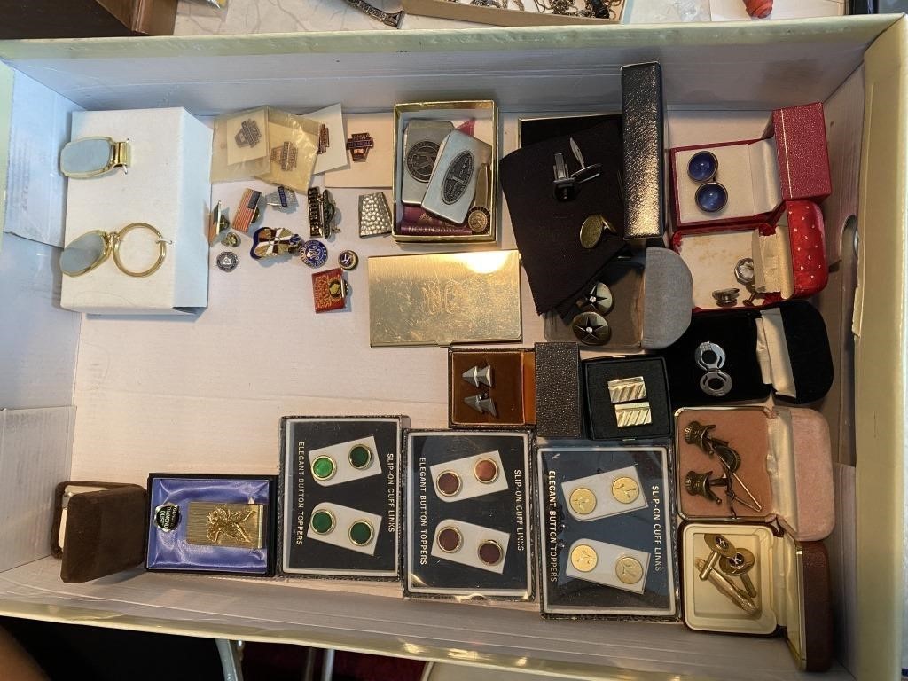 BOX OF CUFF LINKS, PINS, MONEY CLIPS & MORE