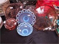Six colored Depression glass items including a