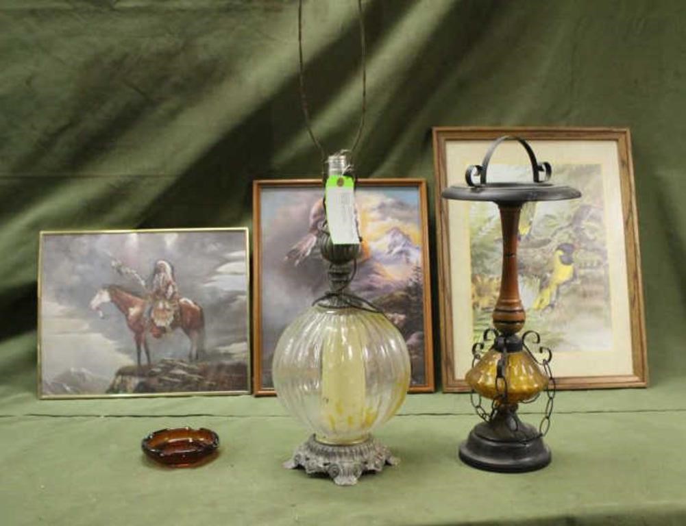 Vintage Lamp, Ash Tray & (3) Prints