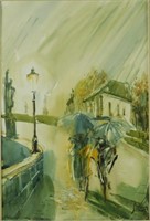 Signed Watercolor Paris in the Rain 1997