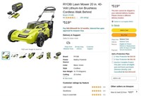 B5043  RYOBI Lawn Mower 20 in. 40-Volt Brushless