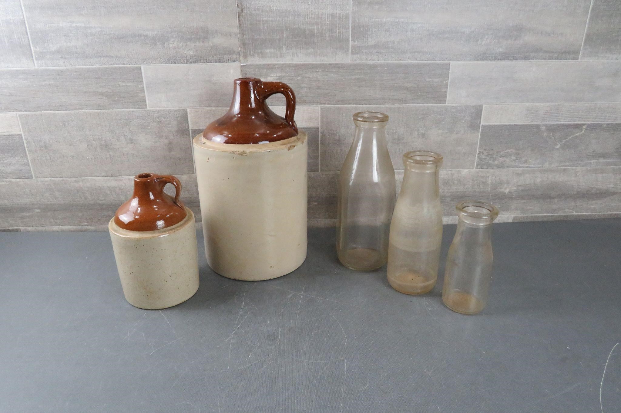 2 MOONSHINE JUGS / 3 MILK BOTTLES