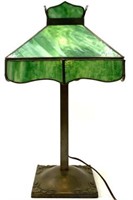 Antique Green Slag Glass Lamp with Metal Base.