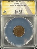 1873 open 3 Indian Head Penny AU50