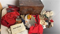 Wood Box w/ Vintage Hats, Socks, Rubber Boots etc
