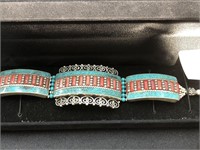 Zuni style bracelet with turquoise and coral on