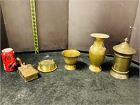 4pcs misc brass urn, cup, canister