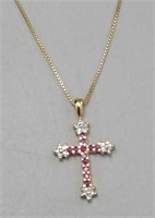 Necklace - .925 Burgundy & Clear Stone Cross -