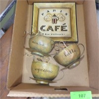 TIN COFFEE CUPS WALL ART, CERAMIC CAFE PLATE DECOR