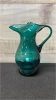 Large Hand Blown Teal Blue Art Glass Pitcher With