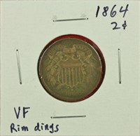 1864 Two Cent VF Rim Dings