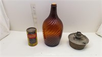 amber jug, wax can, vintage oil lamp base