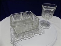 TRAY: 3PC THISTLE PATTERN PRESSED GLASS