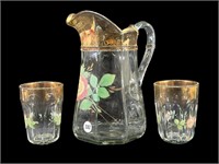 3 Pc Vintage Hand Painted Pitcher & Glasses
