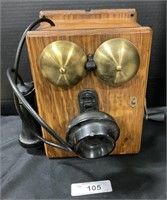Antique Oak Wood Wall Crank Telephone.