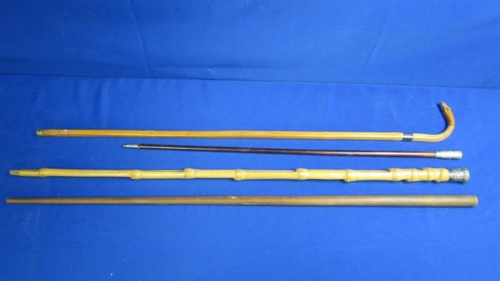 (4) Walking Sticks & Batons (1) With Silver Top,