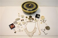 LOT OF ASSORTED JEWELRY, BUTTONS, TIN