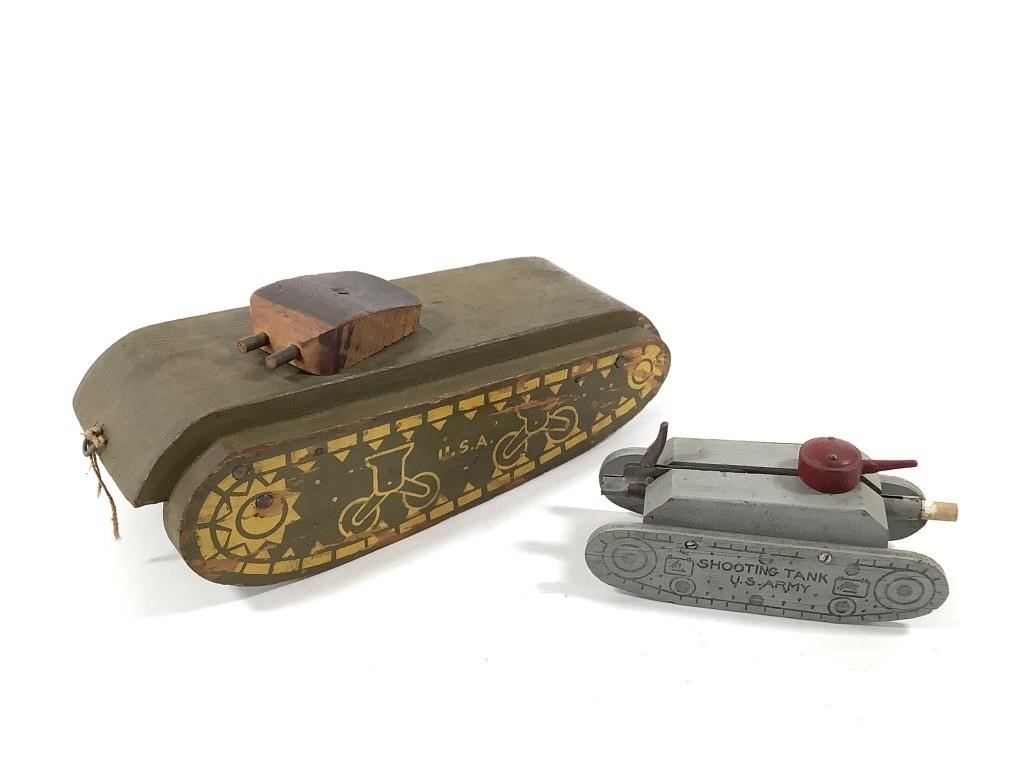 2 Painted Wood Toy Tanks, US Army Shooting Tank +